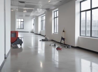 Professional cleaner wiping a large office window with a squeegee on a sunny day.