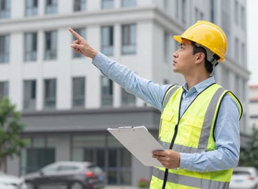 A consultant examining a building's structure with blueprints and tools on a sunny day.