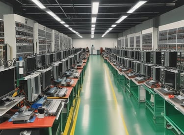 Technician calibrating advanced electronic testing equipment in an industrial setting.