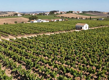 Aerial footage of vineyards in the Alentejo region with neat rows and golden light.