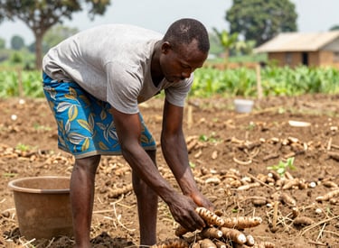 A mentor guiding a young farmer in a sunlit field with farming tools