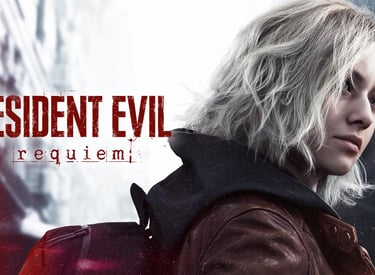 Resident Evil Requiem poster featuring Ashley Graham with blonde hair and a brown jacket.