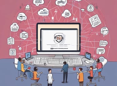 A professional team collaborating around a laptop in a modern office space.