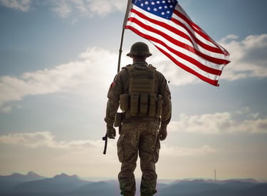 A team of engineers collaborating over blueprints with military gear in the background.