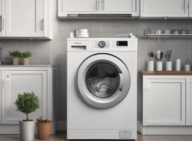 Modern washing machine being repaired by a technician in a bright kitchen.