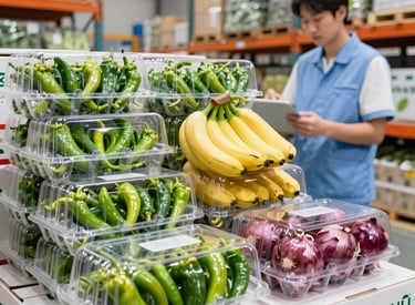 A bright, spacious warehouse stacked with crates of fresh vegetables ready for distribution.