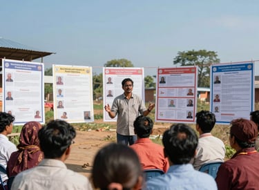A vibrant and inspiring scene of a community health workshop in a South Asian village. A dedicated facilitator stands before an engaged group, using clear instructional posters. Bright daylight, sky blue and steel blue environment.