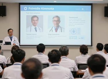 A group of medical professionals in West Kalimantan, Indonesia, attending a high-tech medical seminar, watching a demonstration on a large screen about telemedicine and digital healthcare, bright professional lighting.