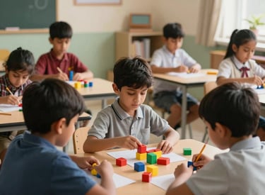 Clean and modern classroom at Aman Public School where young South Asian children are engaged in activity-based learning with colorful educational blocks, soft morning light.