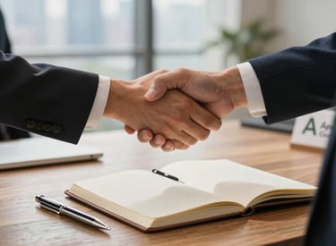 A friendly team collaborating over laptops with charts and digital devices in a bright, modern office.