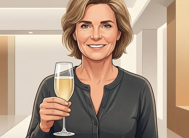 a woman holding a glass of Champagne to celebrate great Exit for his company