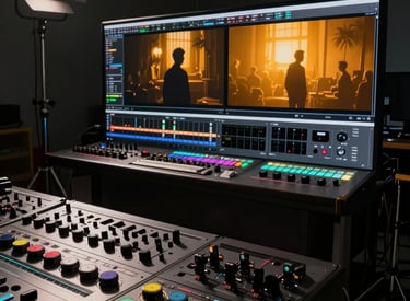 Wide shot of a film production suite interior — a large grading monitor glowing with a deep amber cinematic still, rows of hardware panels and color grading wheels in foreground, hard tungsten key light cutting across the room from upper left, deep practical shadows filling the right edge, no people visible