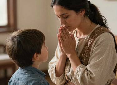 A gentle illustration of a mother reading a devotional with her child in a cozy, pastel-colored room.