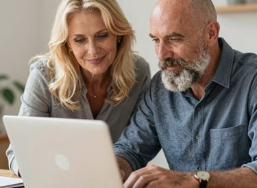 Professora auxiliando um senhor a usar seu notebook