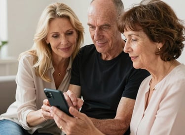 Professora ensinando o casal de senhores a utilizar seu celular