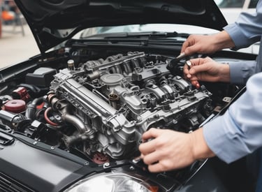A skilled mechanic working on a car engine with tools in a clean workshop.