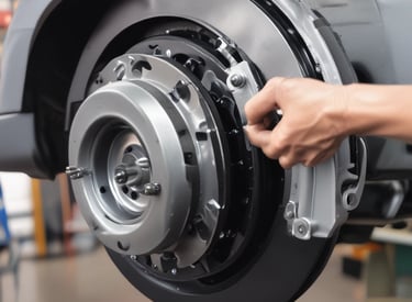 Close-up of a mechanic replacing brake pads on a vehicle.
