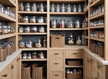 A bright kitchen countertop with cooking tools, fresh ingredients, and storage jars.