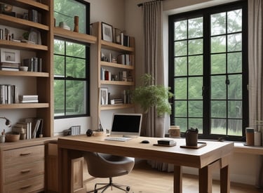 A cozy home office setup with natural light, plants, and organized workspace accessories.