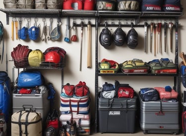 An outdoor scene with sports gear and casual wear arranged on a picnic blanket.