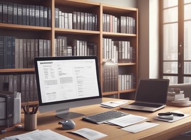 A professional woman reviewing payroll documents in a cozy office setting.