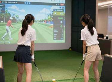 A group of friends enjoying a round on a high-tech golf simulator inside a cozy sports bar.
