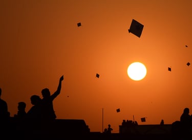 From the roof tops during the annual kite festival, Gujarat, India.