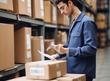 An open notebook with handwritten shipping tips next to a cup of coffee and a shipping box.