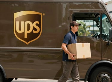 A delivery truck loaded with electronics pallets driving through a modern industrial area.