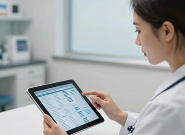 A North American healthcare professional in a clean, modern clinic setting reviewing digital health data on a tablet, soft daylight, professional and trustworthy atmosphere.