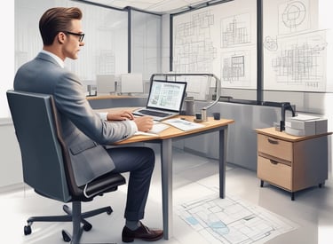 A professional consultant discussing project details with clients in a modern office with teal accents.