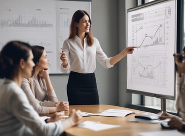 a woman in a suitt standing in front of a white board showing positive trends