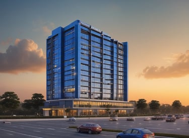 Modern residential building under construction at sunset with scaffolding and workers.