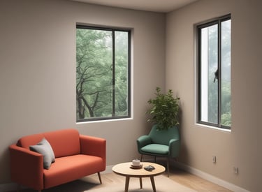 A calm therapy room with soft lighting and comfortable seating.