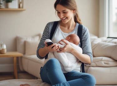A new mother holding her newborn tenderly while reading advice on her smartphone.
