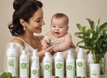 A serene mother gently holding her baby surrounded by natural greenery.