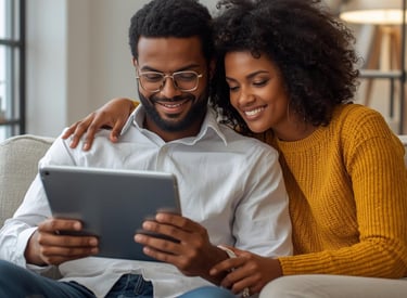 A smiling young Black couple sits on a sofa together using a tablet and enjoying each other company