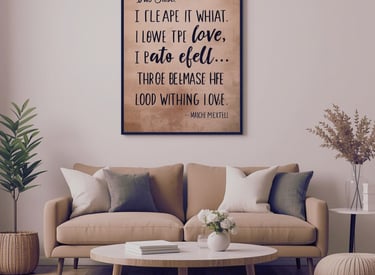 Modern living room featuring a tan sofa, round coffee table, and framed inspirational quote wall art.