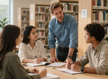 Professional photography of a diverse student studying with a mentor in a modern North American library, warm golden light, inspiring atmosphere, palette of slate blue and cream.