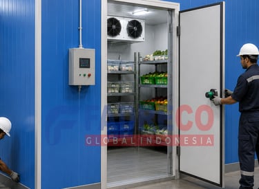 Technicians installing a blue industrial walk-in cold storage room with shelving for fresh produce.