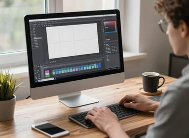 A sleek blue-themed website layout displayed on a desktop and mobile device.