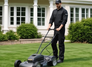 A gardener trimming bushes and maintaining a neat garden