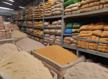 A farmer examining feed quality in a barn.