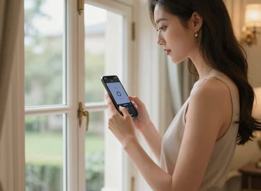 Close-up of a sleek smart home control panel with blue and gold accents.