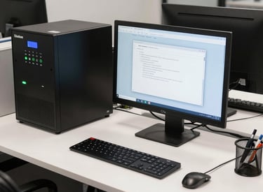 A team collaborating over a laptop displaying automation workflows.