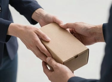 A customer happily returning a leather product in a simple, elegant packaging.