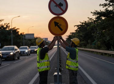Workers installing reflective road signs on a busy highway at sunset.