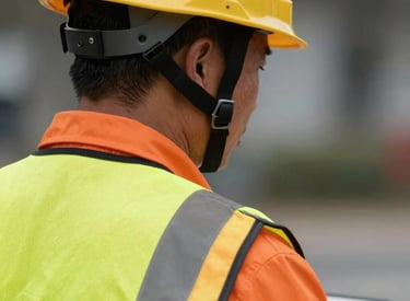 Close-up of a worker wearing a bright yellow reflective vest and helmet.