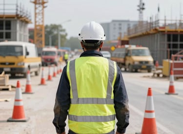 Industrial worker wearing reflective vest and helmet on a busy construction site with traffic cones around.