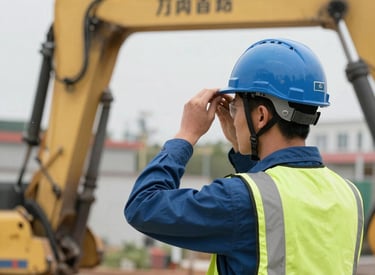 Industrial worker adjusting a safety helmet near construction machinery.